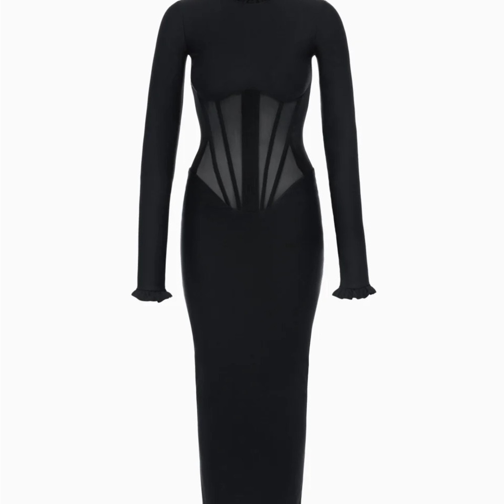 Long-Sleeve Black Mesh-Corset Bodycon Dress - Picture 1 of 2